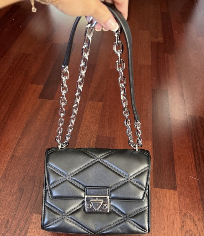 Michael Kors Black Quilted Small Shoulder Bag Silver Chain Strap Push Lock