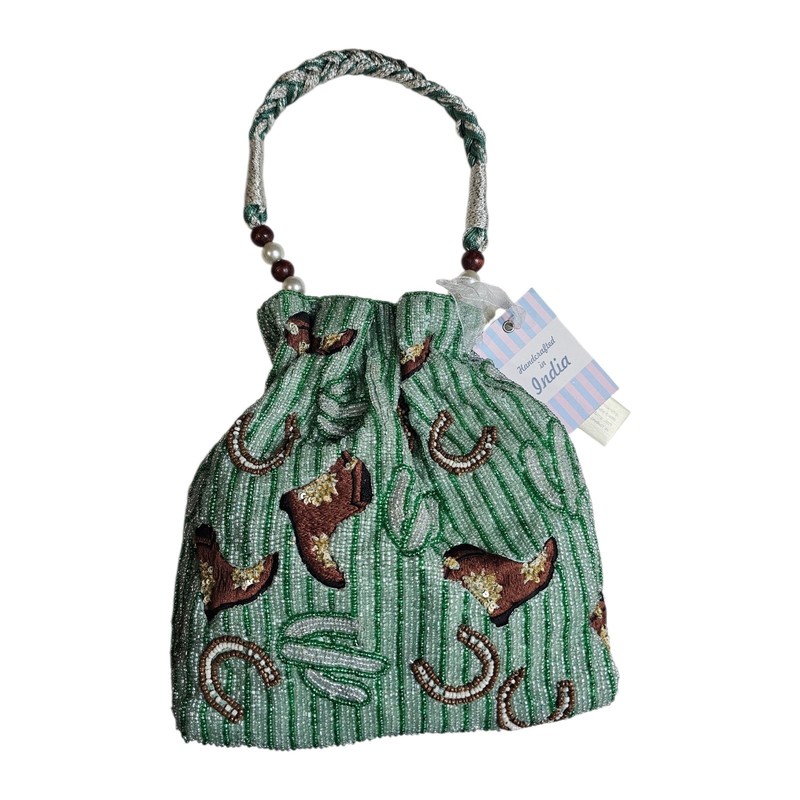 Handcrafted In India Beaded Western Drawstring Pouch Bag Cactus Cowboy Boots New