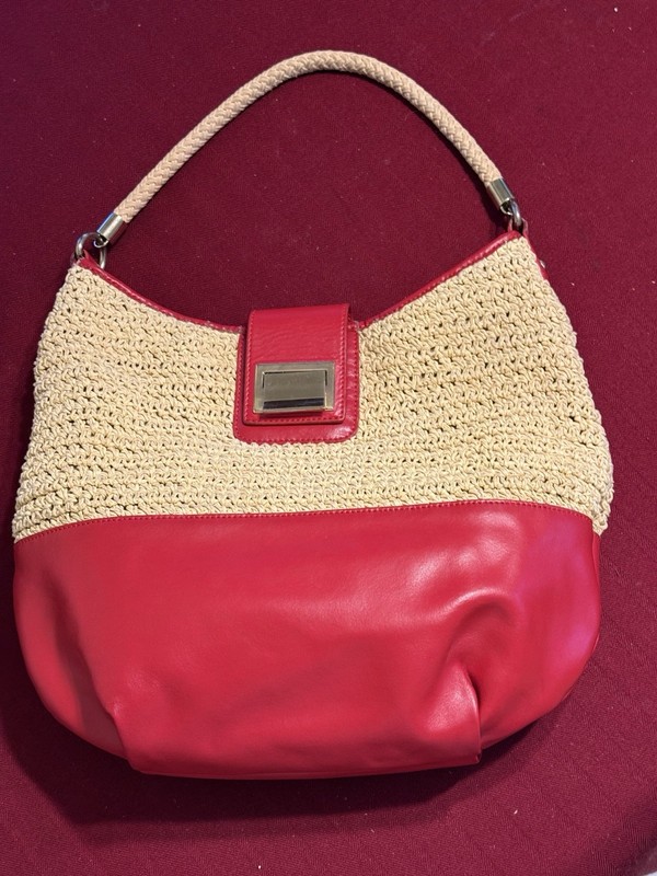 Talbots Raffia Red 100% Leather and Paper Straw Shoulder Beach Bag Classic