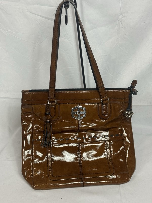 Brighton Brown Patent Leather Tassel Tote Bag Medium Shoulder Purse Heart Charm
