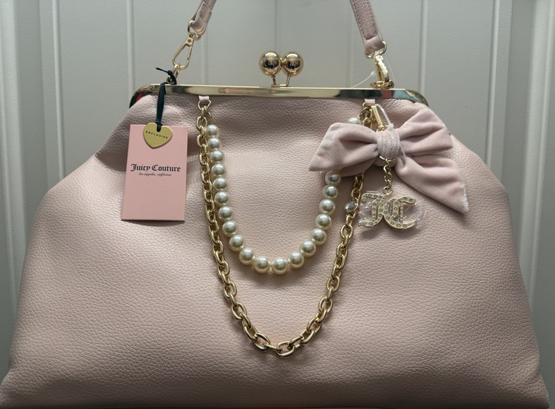 Juicy Couture Pink Kiss Lock Shoulder Bag Bow Pearl Rhinestone Charm Pockets