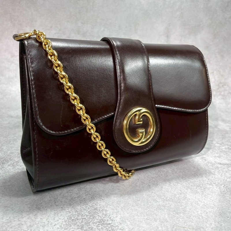 GUCCI Shoulder Bag Leather Vintage Gold Chain Authentic From Japan