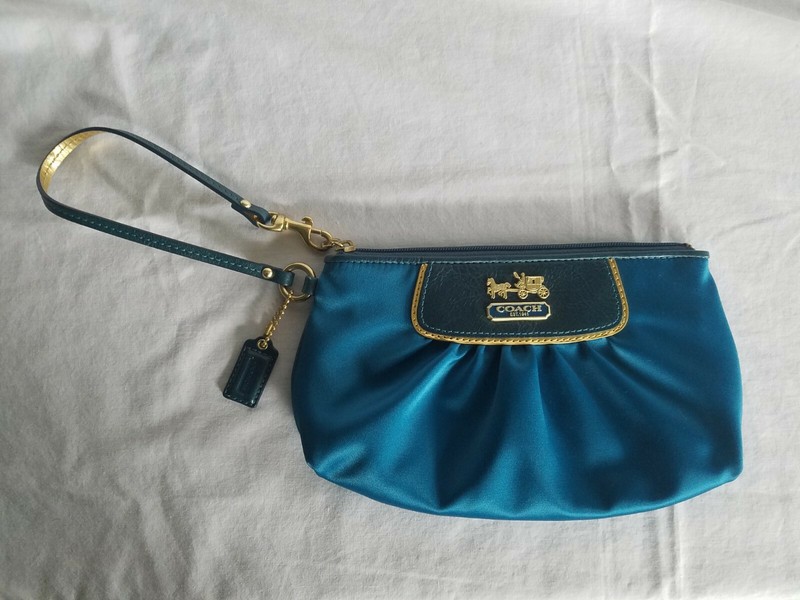 Coach Blue & Gold Satin & Leather Amanda Clutch Wristlet Handbag Purse #42032