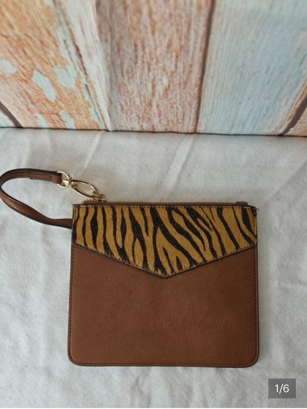 Dune London Vegan Leather Brown And Zebra Calf Hair Wristlet/Clutch