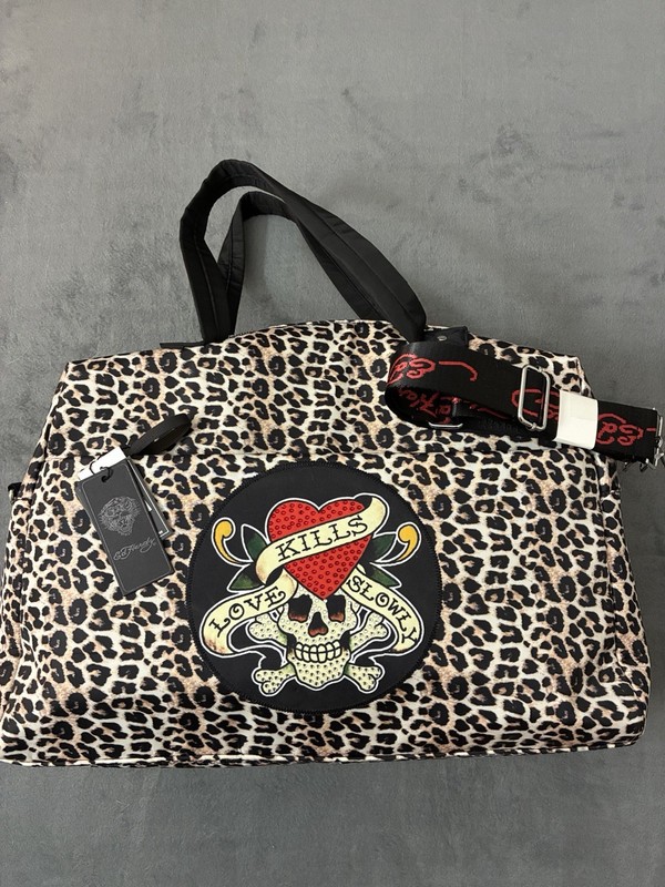 Ed Hardy Large Leopard Print Skull/Heart Tote Bag Zip Strap