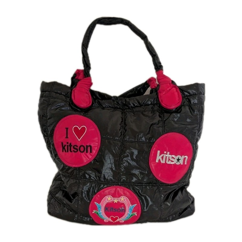 Kitson Tote Bag Nylon Black Pink Patches I Love Kitson Logo Magnetic Closure