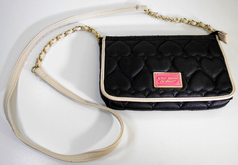 Betsy Johnson Crossbody Purse XOX Bag Quilted Hearts w/ Rope Chain Strap BLACK