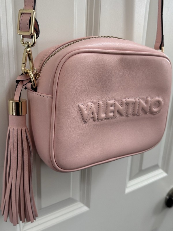 Valentino Pink Crossbody Bag Tassel Embossed Logo Zip Closure Gold Hardware gallery