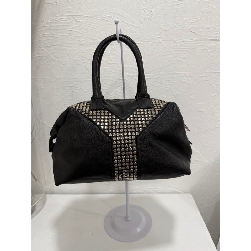 YSL Yves Saint Laurent Easy Y Shoulder Bag Large Chevre Leather Rock Studs Black