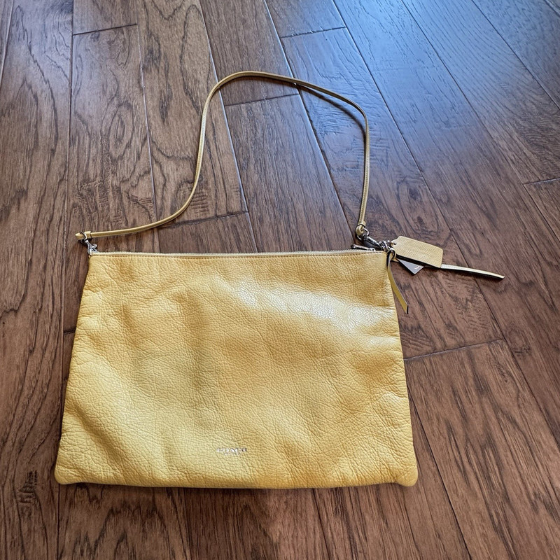 Coach Yellow Pebbled Zip Shoulder Bag, Detachable Strap, Charm, Silver Hardware