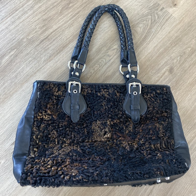 Black Paolo Masi Lamb Fur Handbag Large Capacity 12” X 12” X 9”
