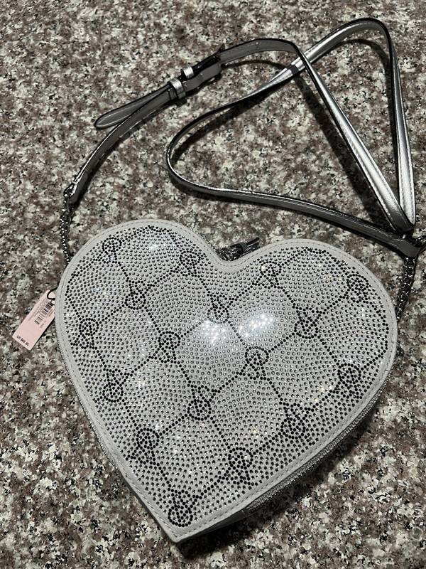 Victoria’s Secret Small Silver Rhinestone Faux Leather Heart Crossbody Bag New