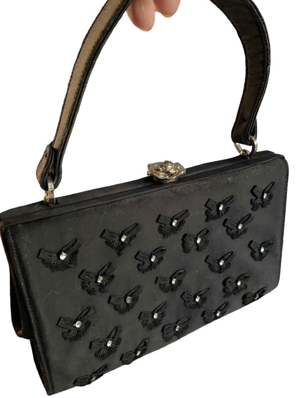 Mel Ton vintage Satin evening bag Purse Black Bow Crystal Applique Frame 50s