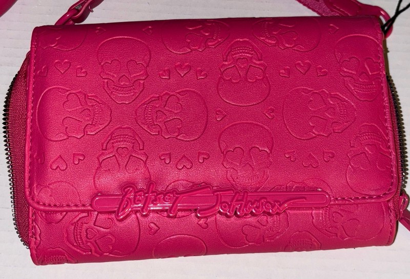NWT Betsey Johnson Hot Pink Embossed Skulls Crossbody Bag XOLANDON Web Strap