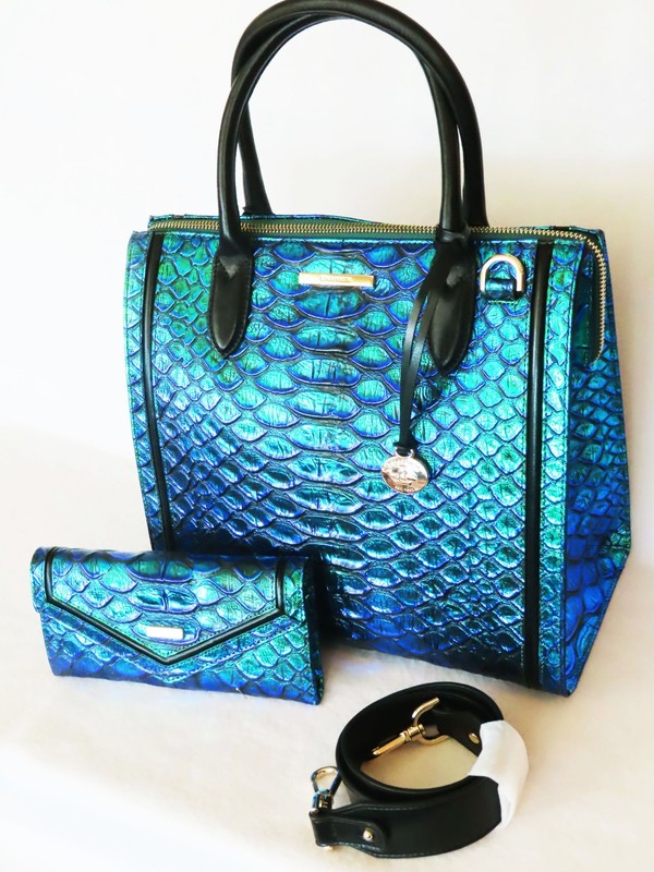 BRAHMIN LULIA EMERALD BLUE GREEN PURPLE NEON FOIL SNAKE Lg CAROLINE & WALLET NWT