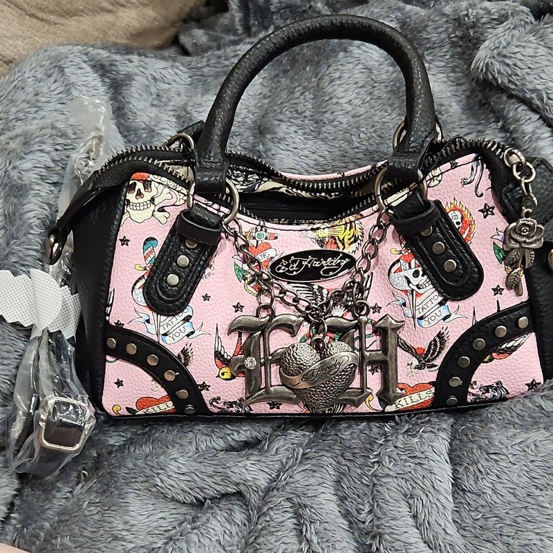 Ed Hardy Pink/Black Tattoo Satchel Top Handle Zip Detachable Strap Studs Charm