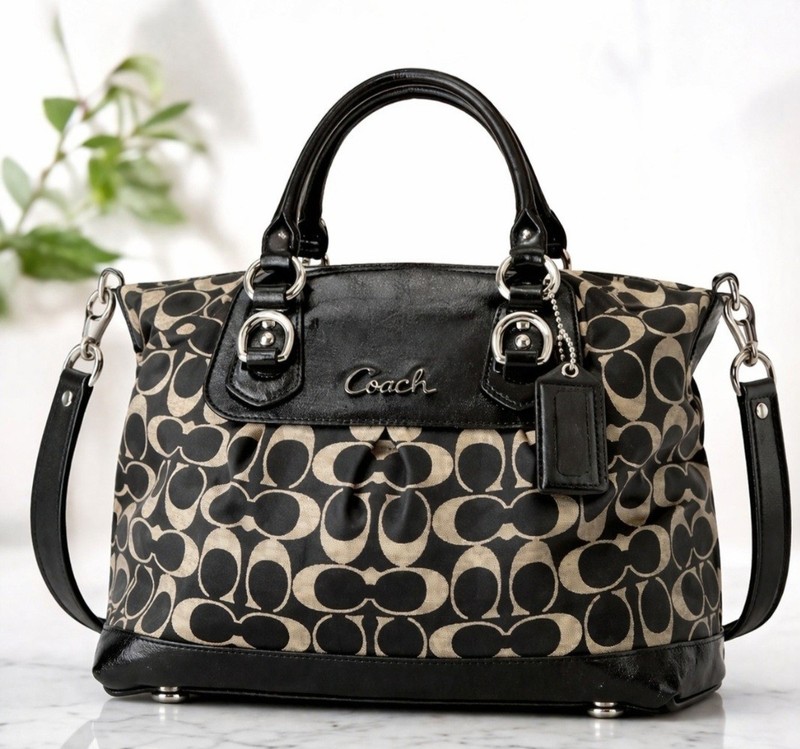 COACH Ashley Satchel Bag Black Signature C Jacquard Patent Leather Convertible