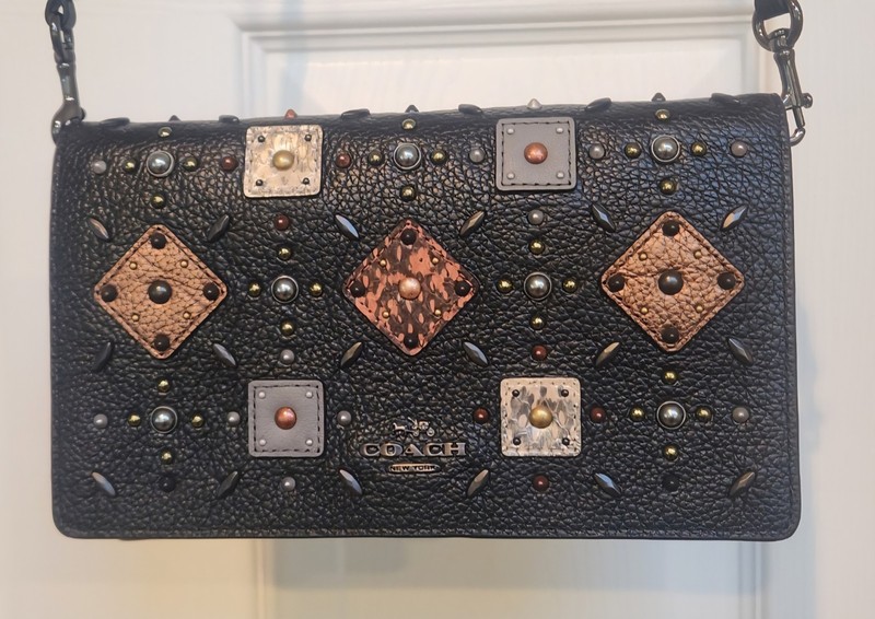 Coach Foldover Crossbody Clutch With Prairie Rivets And Snakeskin Detail (25681)