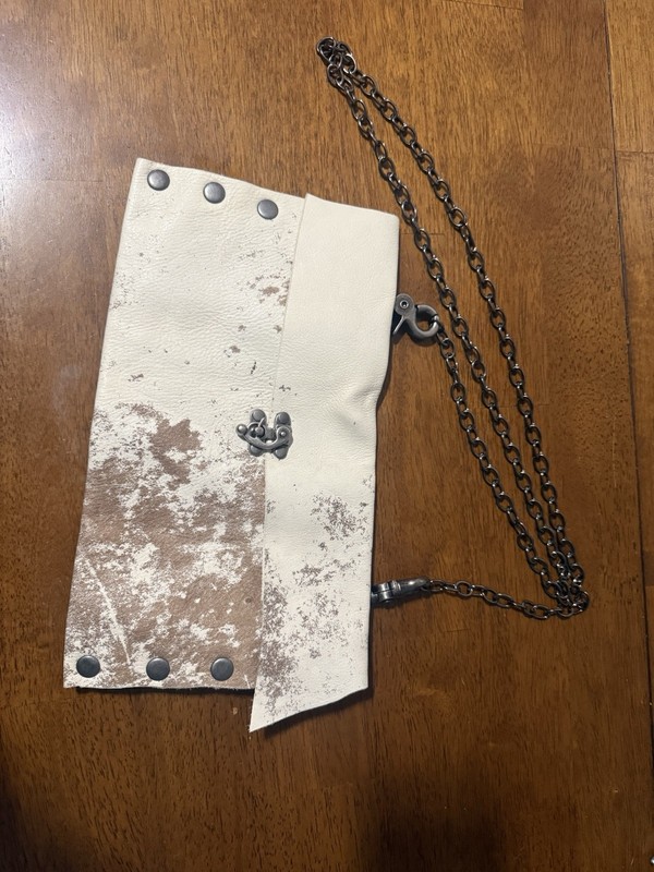 White Brown Distressed Shoulder Bag Chain Strap Gunmetal Studded Turn Lock