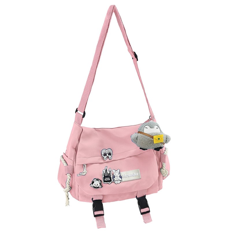 Nylon Messenger Bag Kawaii Crossbody Bag with Cute Pins Aesthetic Shoulder Ba
