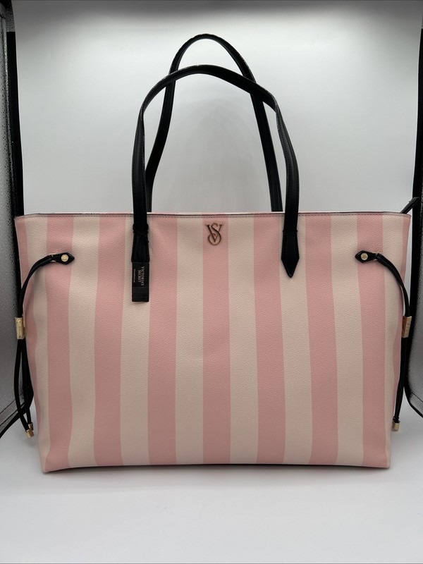 Victoria’s Secret Large Tote Bag Pink Heritage Stripes VS Logo Shoulder Bag New