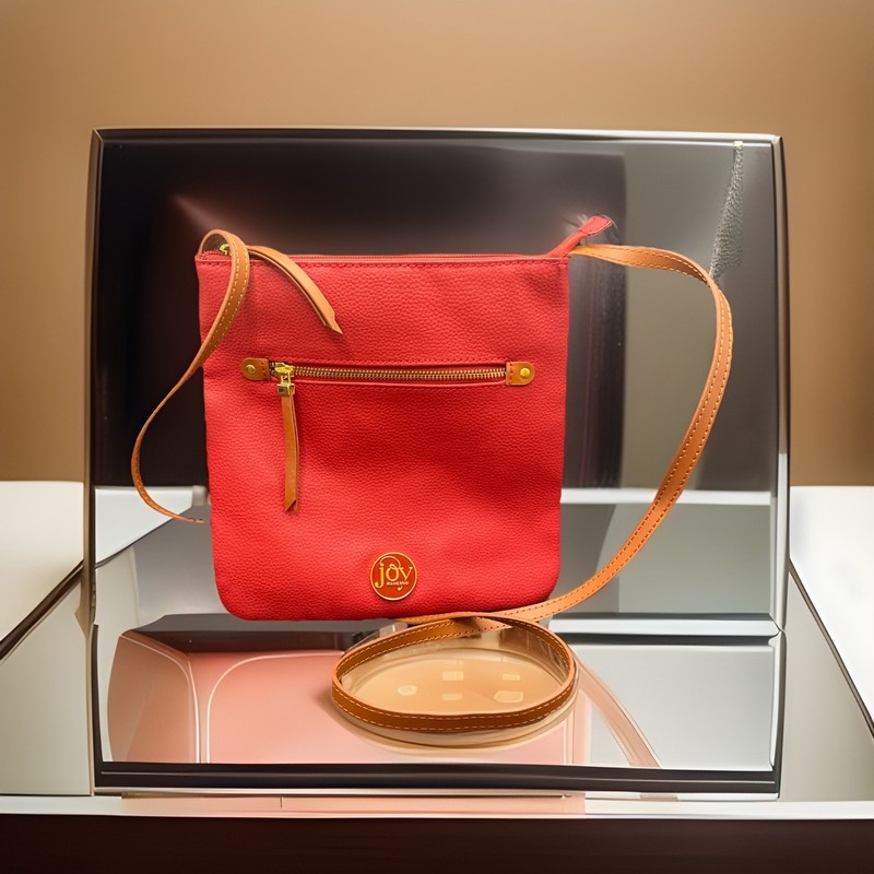 Retro JOY MANGANO Dusty Red Leather Crossbody Shoulder Bag Gold Brown Strap Cute