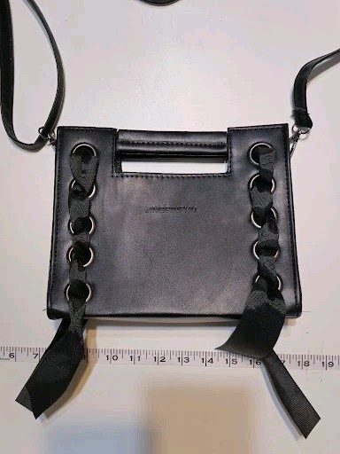 Jingpinpiju Matte Black Vegan Leather Crossbody Ribbon Lace-Up Goth Shoulder Bag
