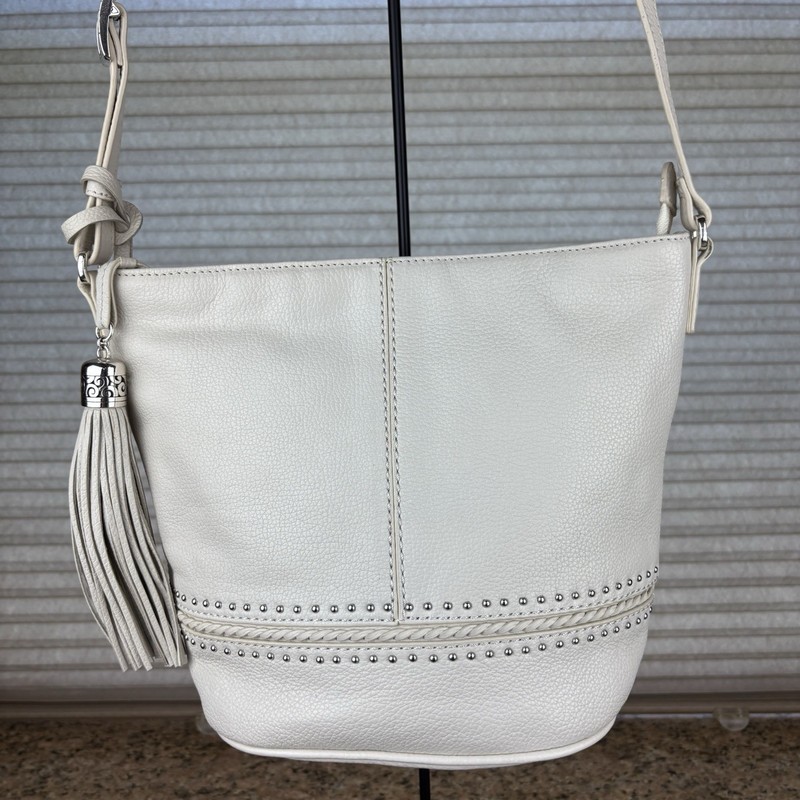 BRIGHTON Pretty Tough Baby Jake Crossbody Zip Bucket Bag Studded Leather Tassel