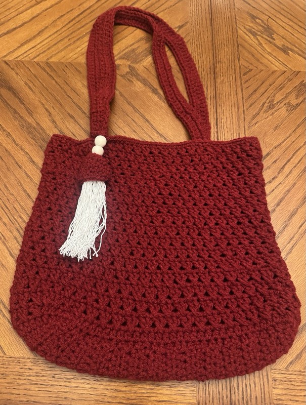 Handmade Red Crochet Shoulder Bag with Tassel and Beaded Accents