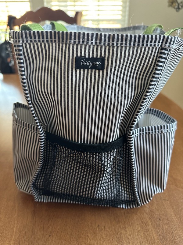 Thirty-One Organizing Utility Tote Black Pinstripe Green Handles 15" x 10" G Mon gallery