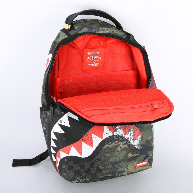 Sprayground Shark T-REX City DLXSV Leather Backpack Unisex Plaid Gray Green Camo gallery