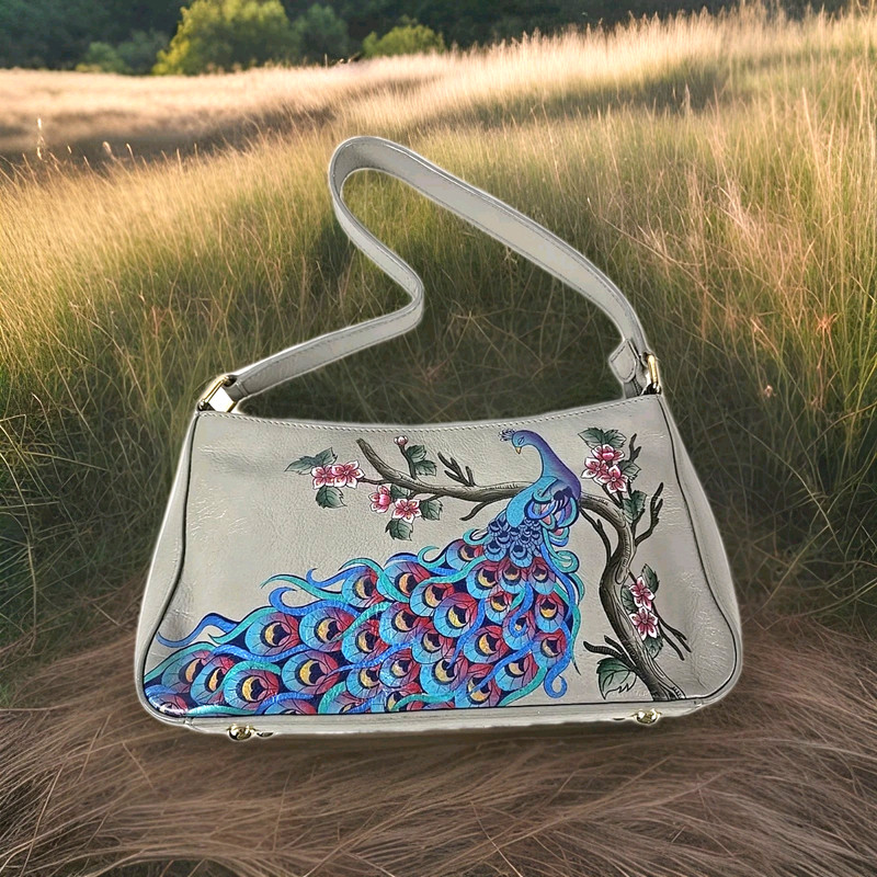 NWOT – Anuschka Hand Painted Peacock Bliss Shoulder Leather Handbag