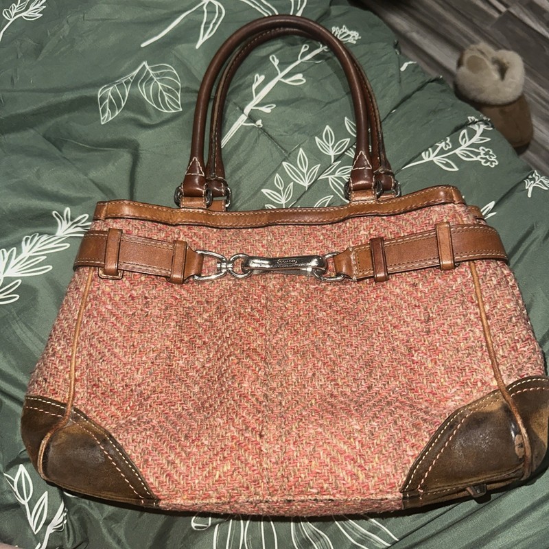 Coach Hampton Herringbone Wool Handbag F11215 with Brown Suede & Leather Accents