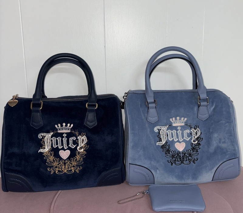 Juicy Couture SET OF 2 Velvet Satchel Handbag Lot Navy & Baby Blue + Coin Pouch