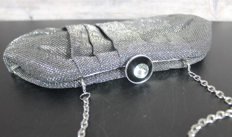 Expressions NYC Silver Metallic Pleated Clutch Bag with Chain Strap Rhinestone gallery