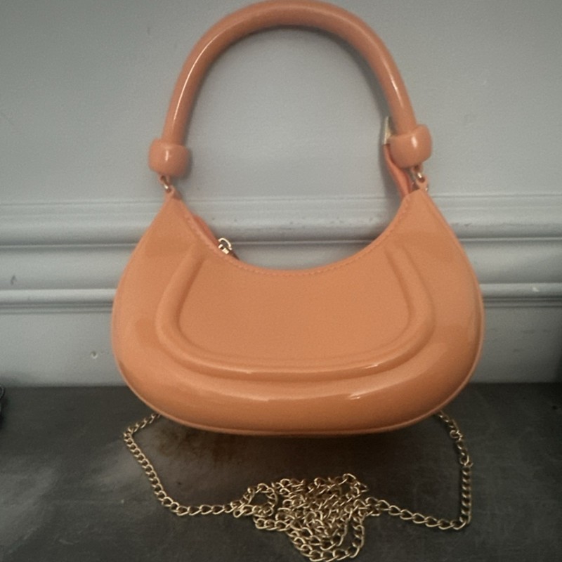 Peach Crescent Shoulder Bag with Chain Strap and Gold Hardware for Women