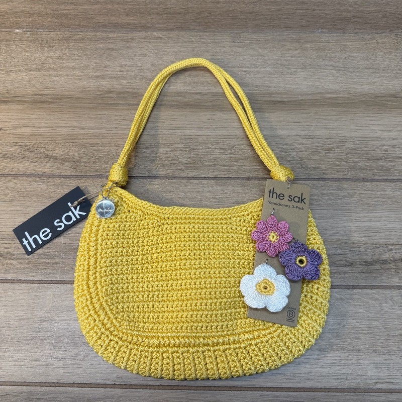 The Sak Josie Adjustable Shoulder Bag Crochet Yellow Flower Charm Accents NWT