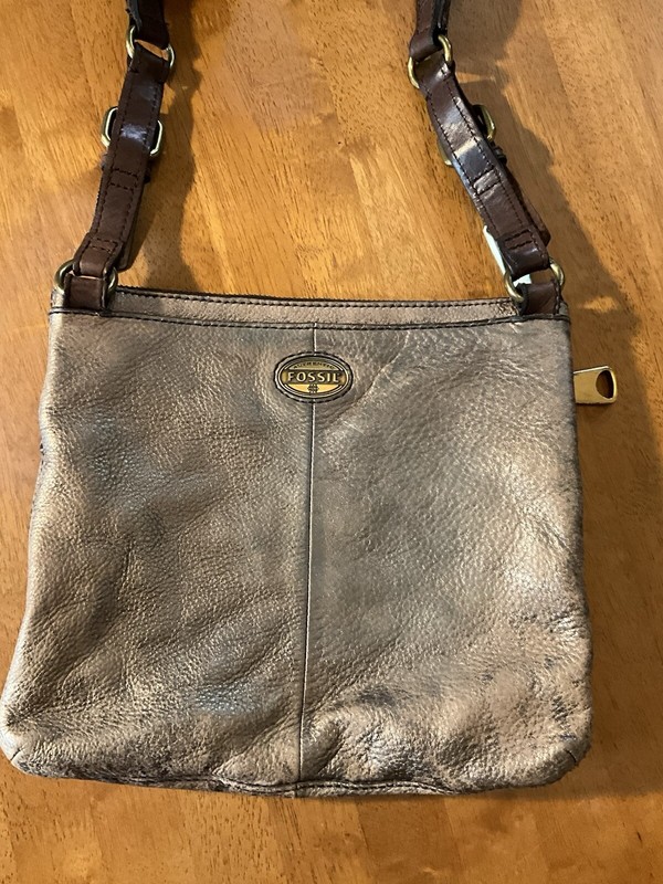 Authentic FOSSIL Purse Explorer Antiqued Distressed Gold Leather Crossbody Boho gallery