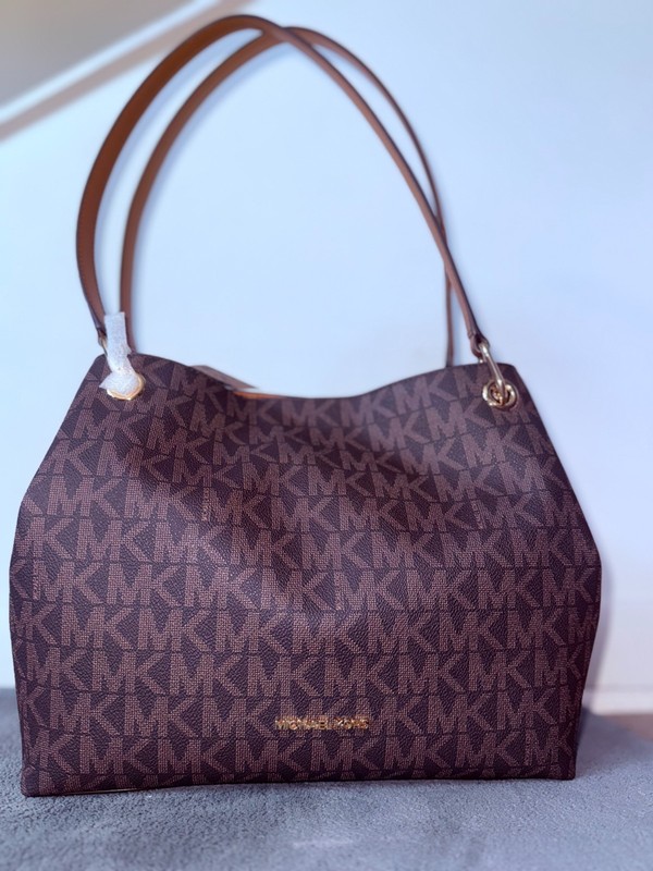 Michael Kors Raven Large Shoulder Tote Brown Luggage Signature MK NWT