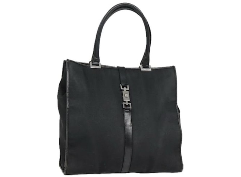 GUCCI Jackie Black Leather Top Handles Accent & Base, Nylon Tote Bag Vintage gallery