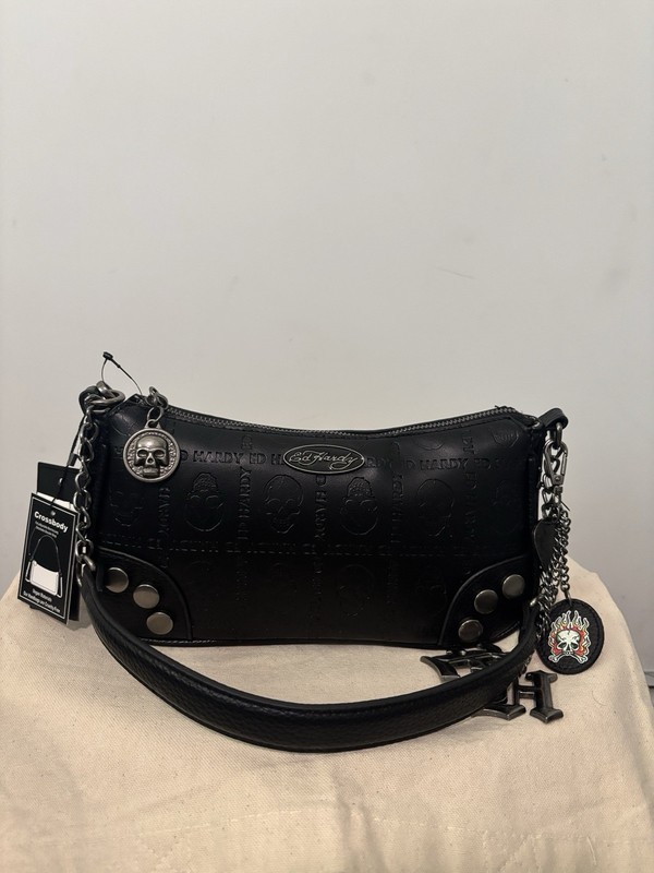 Ed Hardy Black Shoulder Bag with Chain, Charms, Studded & Skull Logo Accents