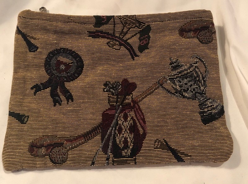 Vintage Golf Needlepoint Print Holdings Zipper Closure Hook Bag Golf 9.5×7