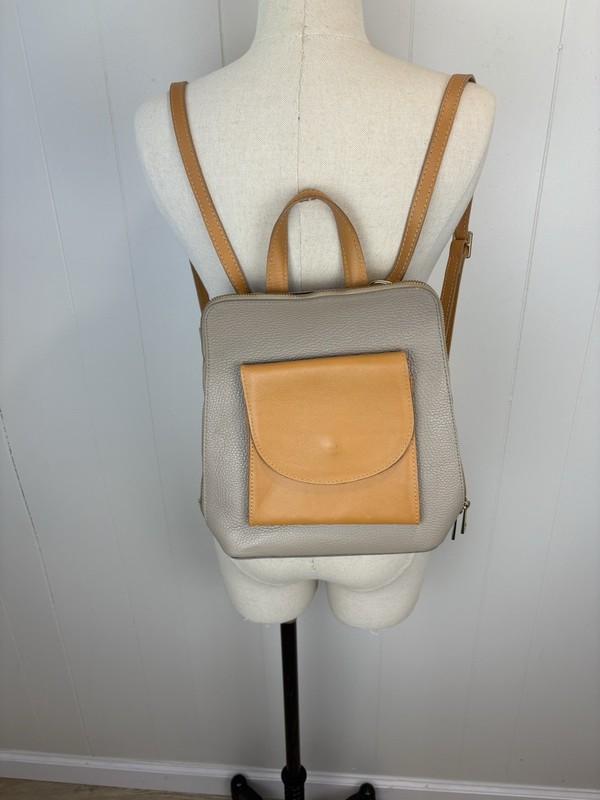 Divina Firenze Italian Leather Pebbled Backpack Gray & Camel Adjustable Bag