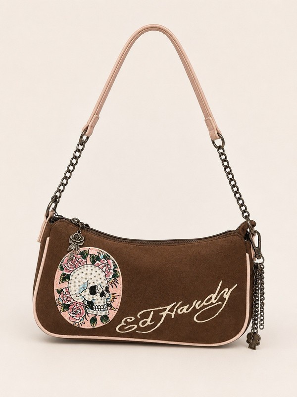 NWT Ed Hardy Suede Brown Pink Rhinestone Skull Rose Shoulder Crossbody Purse Y2K