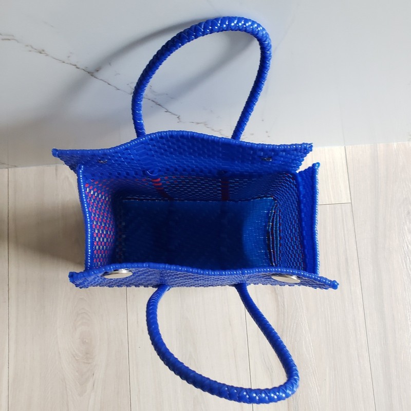 Handmade Mexican Market Tote Recycled Plastic Woven Basket Bag Blue Purple Snap gallery