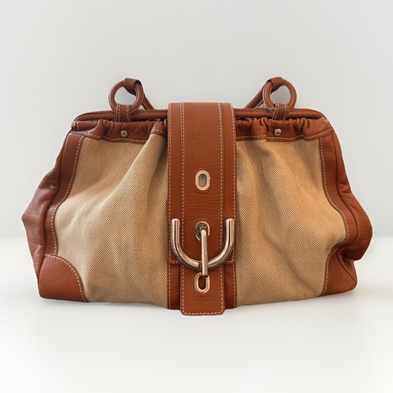 Tod’s Satchel Handbag Womens Medium Tan Canvas Leather Toggle Top Handle Italy