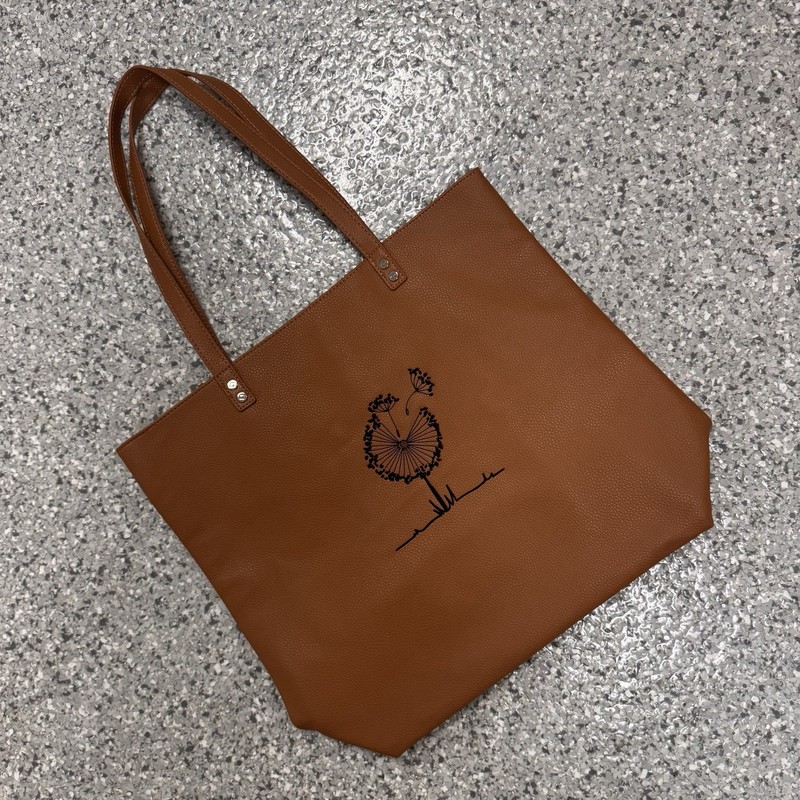 Thirty-One Around Town Tote, Caramel Charm Pebble Black Dandelion Embroidery