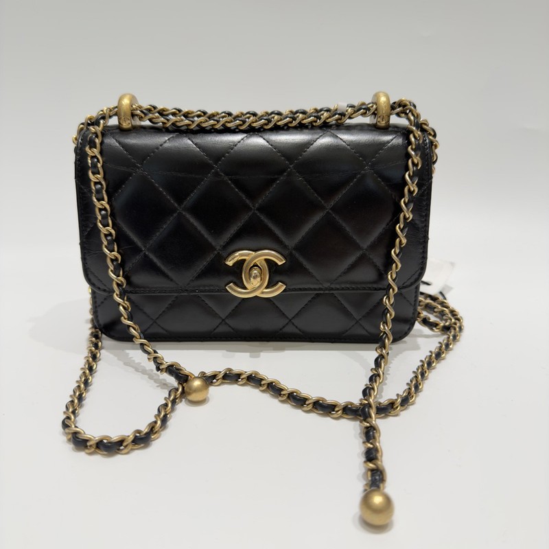 Chanel 19 Flap Bag Black Calfskin GHW Dual Adjustable Gold Ball Chain Crossbody