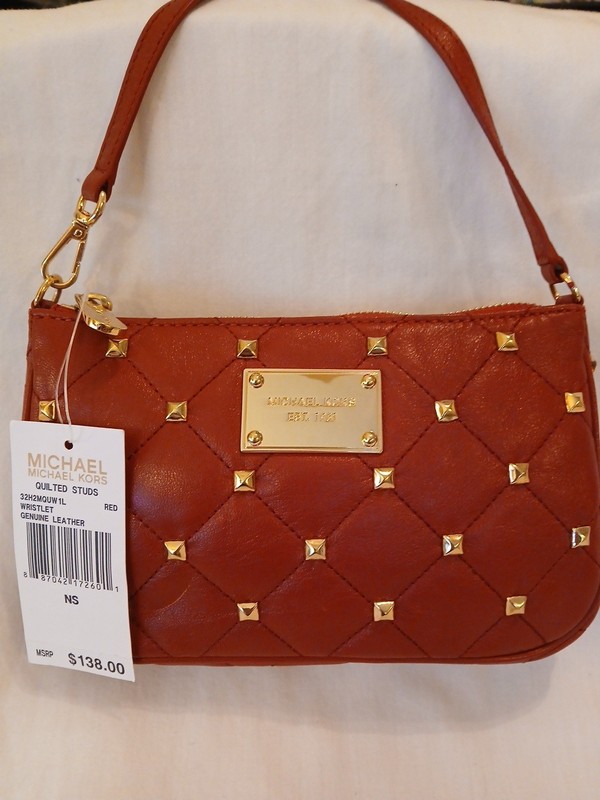 NWT, Michael Kors Red Quilted Leather Studs Wristlet Purse w/gold Hardware