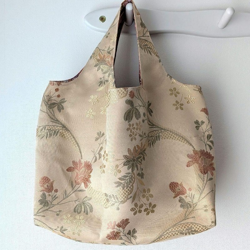 Handmade Bag Integrated Handle Beige Floral Asian Style with Mini Pouch